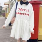 Lettering Long-sleeve Contrast Collar Pleated Dress As Shown In Figure - One Size