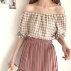 Set: Off-shoulder Gingham Elbow-sleeve Top + Accordion Skort
