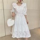 3/4-sleeve Wide Collar Embroidered A-line Dress White - One Size
