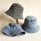 Heart Embroidered Washed Denim Bucket Hat