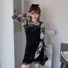 Long-sleeve Floral Print Mesh Top / Mini Lace Trim Pinafore Dress