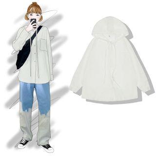 Plain Hooded Long-sleeve Shirt White Shirt - One Size