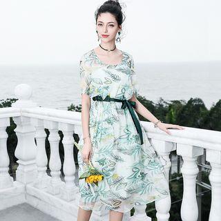 Set: Short-sleeve Leaf Print A-line Midi Dress + Slipdress