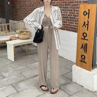 Striped Shirt / Drawstring Camisole Top / Wide Leg Pants / Set