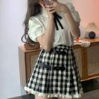 Puff-sleeve Bow Detail Shirt / Gingham Mini A-line Skirt