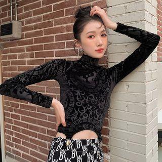 Long-sleeve Mock-neck Velvet Crop Top