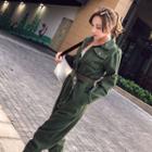 Long-sleeve Cropped Tie-waist Jumpsuit