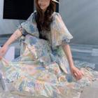 Ruffle Trim Floral Long-sleeve Blouse / Elbow-sleeve Midi A-line Dress