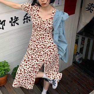 V-neck Floral Printed Side-slit Dress As Shown In Figure - One Size