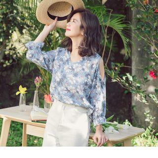 Cold Shoulder Floral Print V-neck Top