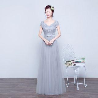 Short-sleeve Embroidered Evening Gown