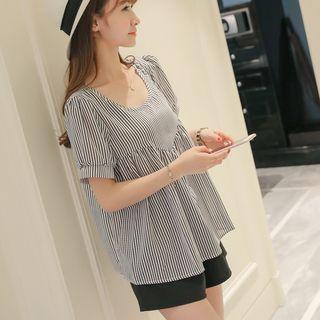 Striped Short-sleeve Chiffon Blouse