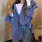 Long-sleeve Striped Shirt / Slit-hem Wide-leg Jeans