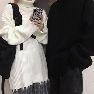Couple Matching Turtleneck Distressed Plain Sweater