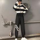 Long-sleeve Striped Collared Top / Color Block Jogger Pants