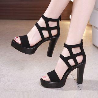 Faux Suede Open Toe Chunky Heel Cutout Sandals