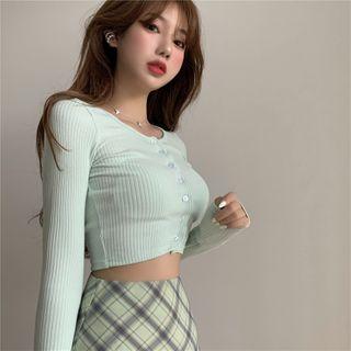 Cropped Cardigan / Slit Plaid Mini Straight-fit Skirt
