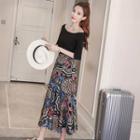 Set: Elbow-sleeve Top + Floral Print Midi Skirt
