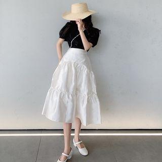 Plain V-neck Puff-sleeve Top / A-line Skirt