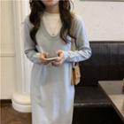 Mock-neck Mock Two-piece Knit Midi Dress