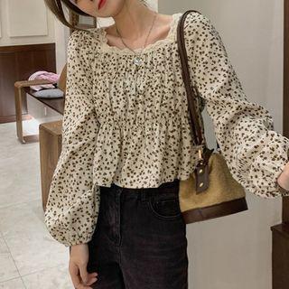 Balloon-sleeve Square-neck Floral Print Blouse