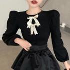 Long-sleeve Bow-accent Knit Top Top - Bow - Black - One Size