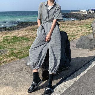 Plaid Short-sleeve Harem Jumpsuit