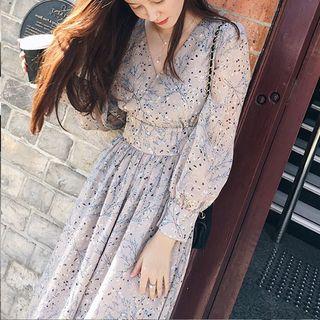 Puff-sleeve Long-sleeved Floral Print Sheath V-neck Slim Dress