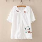 Puff-sleeve Bear Embroidered Shirt White - One Size