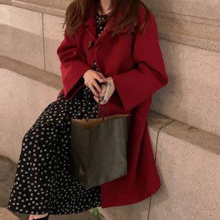 Plain Toggle Coat / Floral Midi A-line Dress