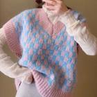 Checkered Oversized Sweater Vest Pink & Blue - One Size