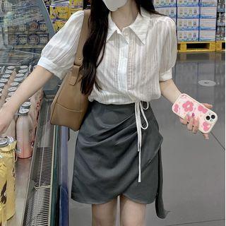Puff-sleeve Cropped Shirt / High-waist Asymmetrical Ruched Mini Skirt