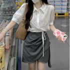 Puff-sleeve Cropped Shirt / High-waist Asymmetrical Ruched Mini Skirt