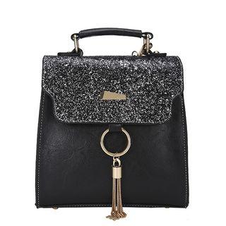 Sequined Faux Leather Tasseled Backpack