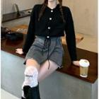 Long-sleeve Plain Knit Top / Denim Mini Skirt