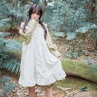 Balloon-sleeve Pintuck A-line Dress / Ruffle Strap Pinafore Dress / Ribbon