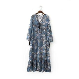 Ruffle-hem V-neck Chiffon Midi Dress