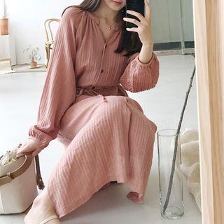 Open-placket Herringbone Shirtdress With Sash Apricot - One Size