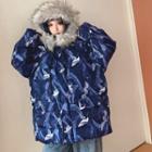 Faux-fur Hooded Printed Jacket