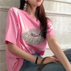 Bling-bling Lip Print Loose-fit Short-sleeve T-shirt