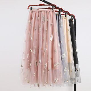 Feather Embroidered Mesh Midi Skirt