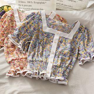 Smocked-waist Floral Crop Top