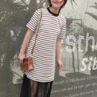 Set: Striped Short Sleeve T-shirt Dress + Midi Mesh Skirt