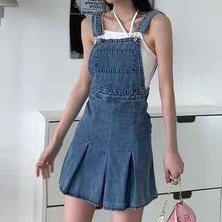 Denim Back Strap Accordion Pleat Skirt