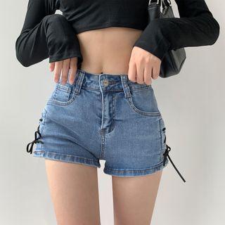 Stretched Lace Up-side Denim Hot Shorts