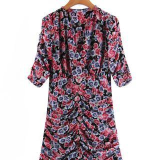 Short-sleeve Floral Print Shirred Bodycon Dress