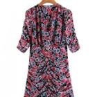 Short-sleeve Floral Print Shirred Bodycon Dress