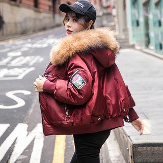 Crane Embroidered Furry Hood Down Jacket