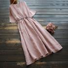 Short-sleeve Embroidered Drawstring-waist Midi A-line Dress