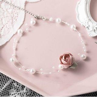 Rose Faux Pearl Choker Pink - One Size